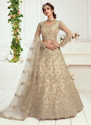 Sage Grey Net Wedding Wear Thread Work Lehenga Choli