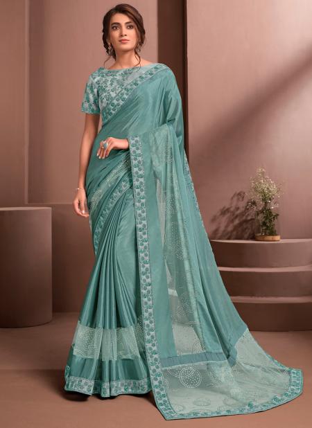 Sea Blue Silk chiffon Party Wear Embroidery Work Saree