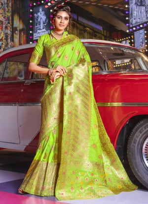 Sea Green Jacquard Silk Wedding Wear Weaving Saree