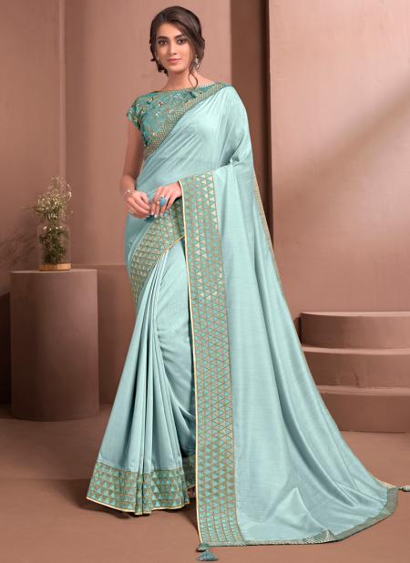 Sky Blue Satin silk Party Wear Sequins Work Saree