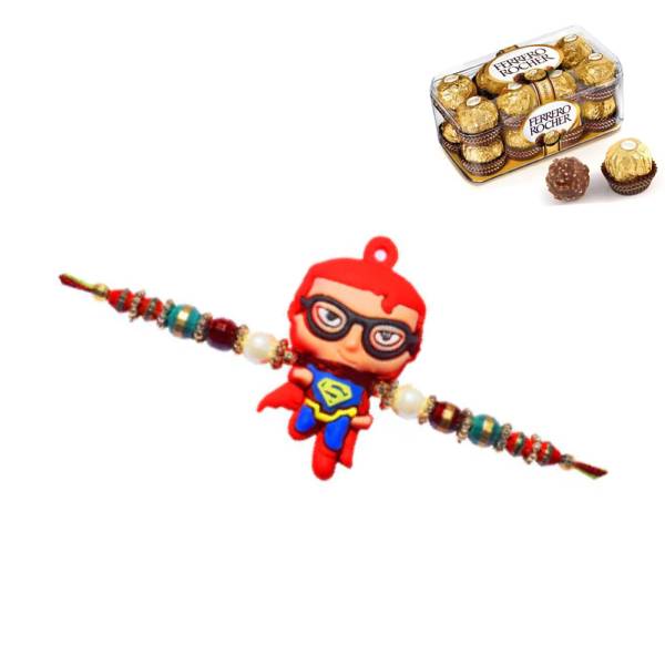 1 Rakhi - Superman Kids Rakhi With 16 Pcs Ferrero Rocher Chocolate Box