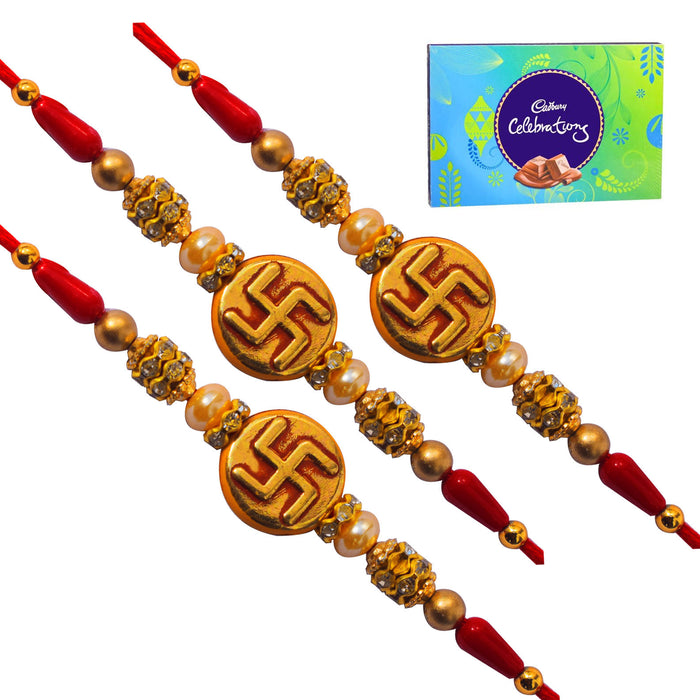 3 Rakhi - Swastik Rakhi Set With Cadbury Celebration Chocolate