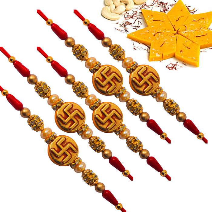 5 Rakhi - Swastik Rakhis With Kesar Kaju Katli