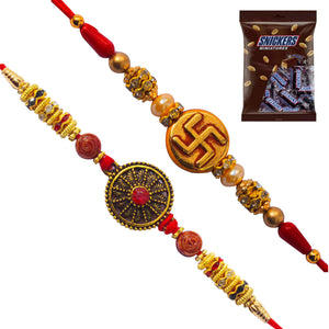2 Rakhi - Swastik and Rudraksh with Snickers Miniatures Pack