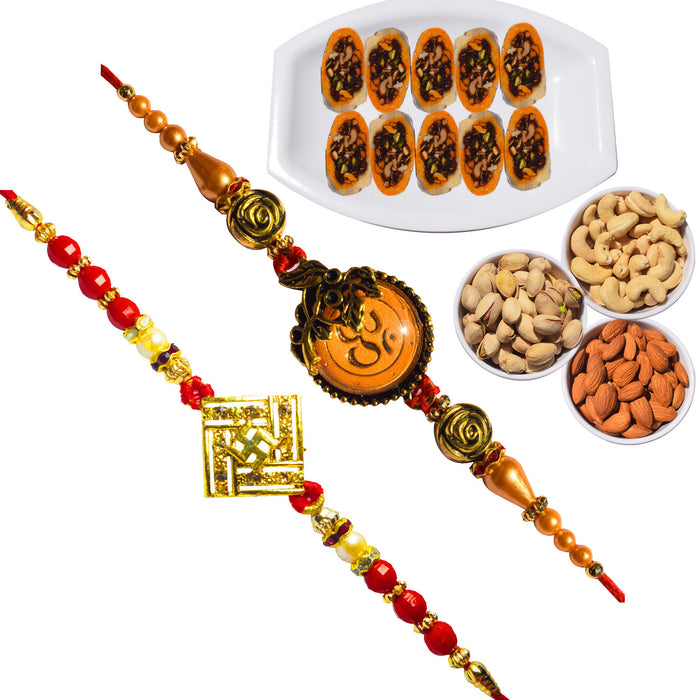 2 Rakhi -  Swastik and OM Rakhi With Kesar Slice Sweet and Dryfruit Combo Box