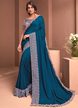 Teal Blue Silk georgette Party Wear Sequins Work Saree