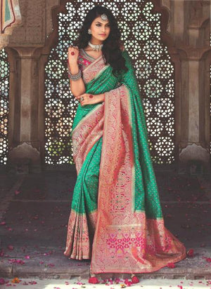 Teal Green Banarasi Silk Wedding Wear Weaving Saree