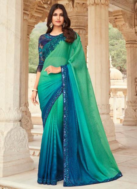 Teal Green Fancy Silk Party Wear Embroidery Work Saree