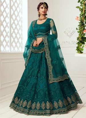 Teal Green Net Wedding Wear Thread Work Lehenga Choli