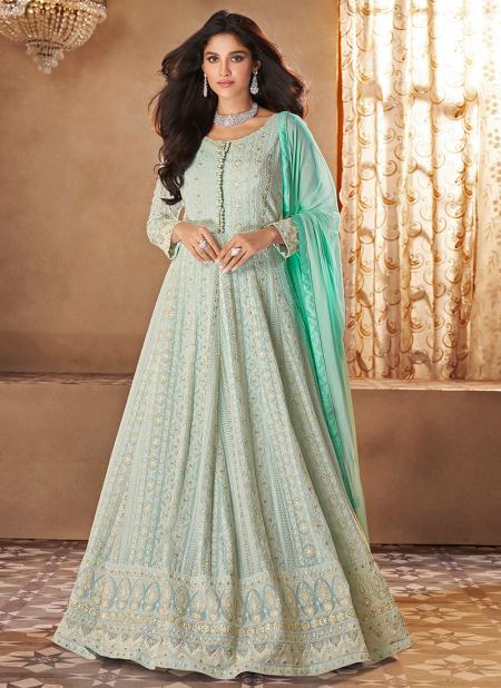 Turquoise Blue Georgette Wedding Wear Embroidery Work Anarkali Suit