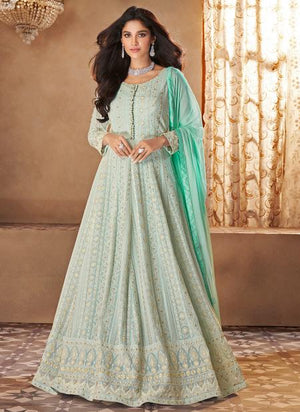 Turquoise Blue Georgette Wedding Wear Embroidery Work Anarkali Suit