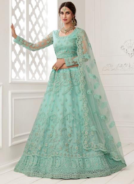 Turquoise Blue Net Wedding Wear Thread Work Lehenga Choli