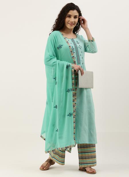 Turquoise Blue Pure Cotton Daily Wear Embroidery Work Palazzo Suit