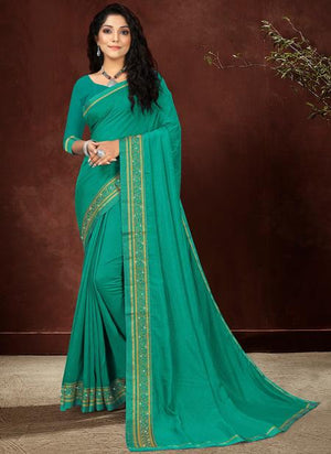Turquoise Green Vichitra Silk Traditional Wear Stone Work Saree
