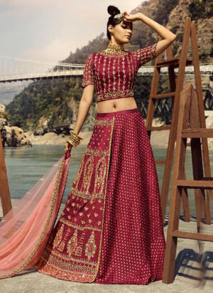 Violet Pure Silk Bridal Wear Embroidery Work Lehenga Choli