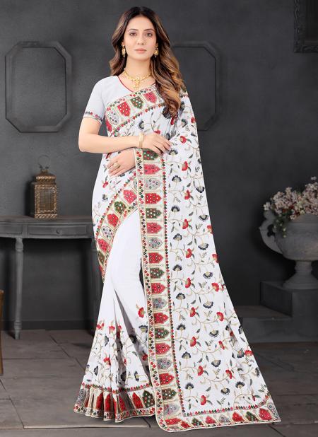 White Georgette Wedding Wear Resham Work Saree