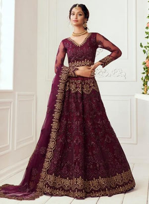 Wine Net Wedding Wear Thread Work Lehenga Choli