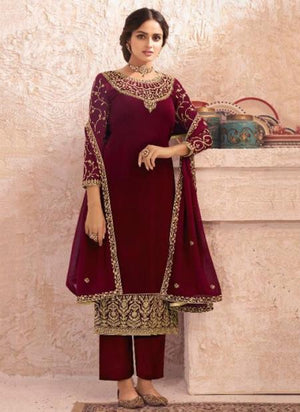 Wine Real Georgette Traditional Wear Embroidery Work Palazzo Suit
