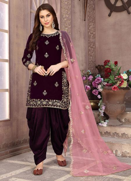 Wine Velvet Traditional Wear Embroidery Work Patiala Suit