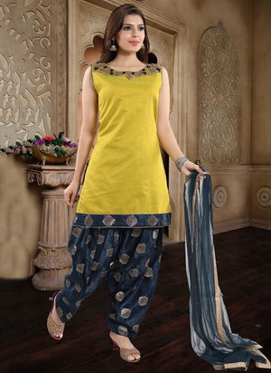 Yellow Chanderi Traditional Wear Hand Work Readymade Patiala Suit