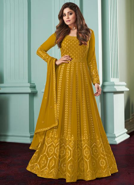 Yellow Faux Georgette Traditional Wear Chain Stitch Anarkali Suit