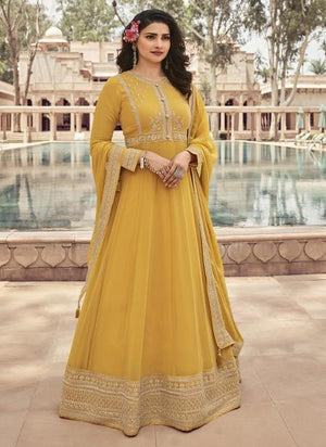 Yellow Georgette Reception Wear Embroidery Work Anarkali Suit