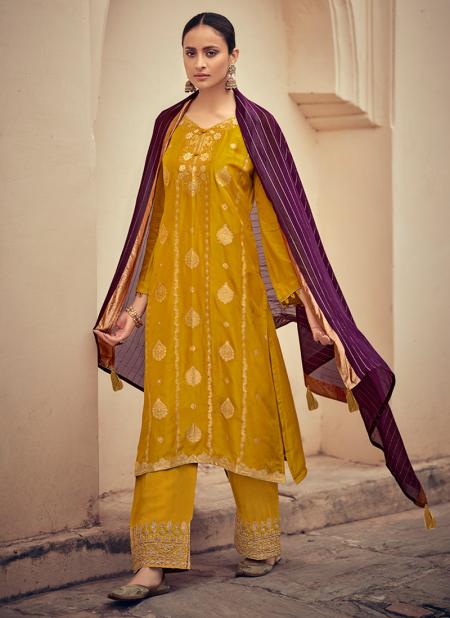 Yellow Jacquard Silk Festival Wear Zari Work Palazzo Suit