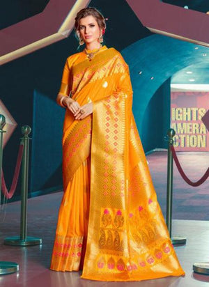 Yellow Jacquard Silk Wedding Wear Weaving Saree