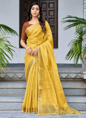 Yellow Linen Tissue Party Wear Weaving Saree