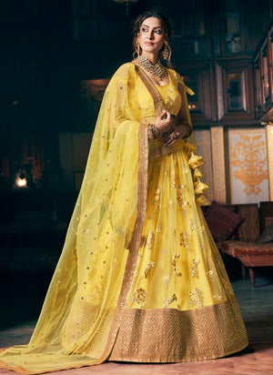 Yellow Net Party Wear Sequins Work Lehenga Choli