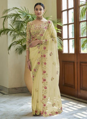 Yellow Organza Party Wear Sequins Work Saree