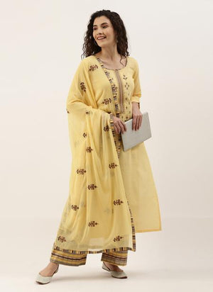 Yellow Pure Cotton Daily Wear Embroidery Work Palazzo Suit