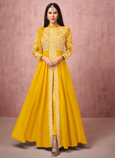 Yellow Real Georgette Wedding Wear Embroidery Work Anarkali Suit