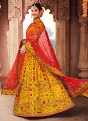 Yellow Silk Bridal Wear Embroidery Work Lehenga Choli