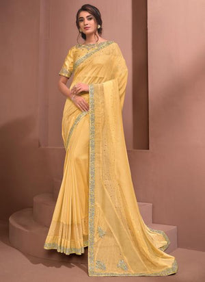 Yellow Silk georgette. Net Party Wear Thread Work Saree