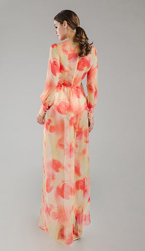 Women Dresses - Orange Chiffon Floral Maxi Dress