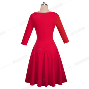 Vintage Brief Pure Color Round Neck Vestidos 3/4 Sleeve A-Line Pinup Business Women Flare Swing Elegant Dress