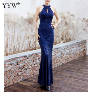 Women Sequined Party Long Dresses Halter Sleeveless Mermaid Evening Dress Ladies Solid Sexy Robes Elegant Formal Gowns