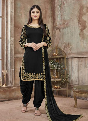 Black Art Silk Party Wear Embroidery Work Patiala Suit