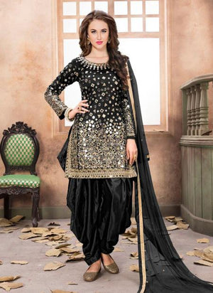 Black Tapeta Silk Wedding Wear Mirror Work Patiala Suit