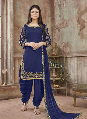 Blue Art Silk Party Wear Embroidery Work Patiala Suit