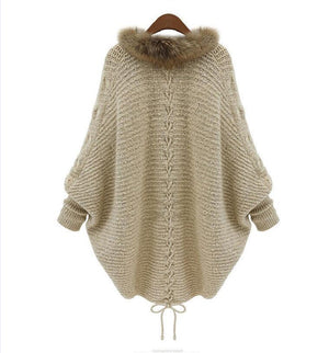 2021 Oversize Loose Cape Winter Women Fur Neck Knitted Cardigans Female Long Batwing Sleeves Vintage Open Stitch Sweater Shirt