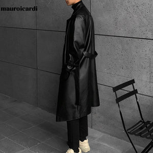 Spring Long Black Oversized Leather Trench Coat