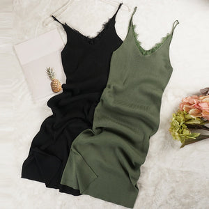 New Women Spaghetti Strap Dresses Split V-Neck Lace Patchwork Knitted Dress Ladies Sleeveless Bodycon Tank Dress Vestidos