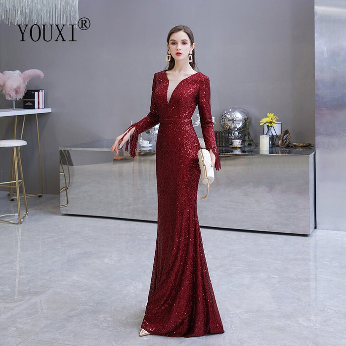 Dark Red Evening Dress Gorgeous Plunging V-Neck Illusion Sequin Pleated Long Sleeve Mermaid Formal Gown Robe De Soiree