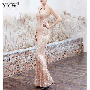 Women Sequined Party Long Dresses Halter Sleeveless Mermaid Evening Dress Ladies Solid Sexy Robes Elegant Formal Gowns