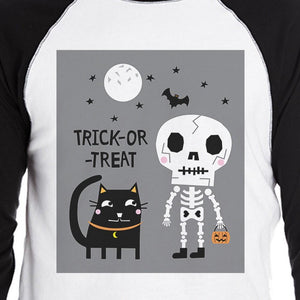 Trick-Or-Treat Skeleton Black Cat Mens Black And White BaseBall Shirt