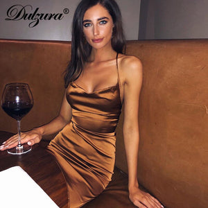 Dulzura Neon Satin Lace Up Women Long Midi Dress Bodycon Backless Elegant Party Sexy Club Clothes Summer Dinner Outfit