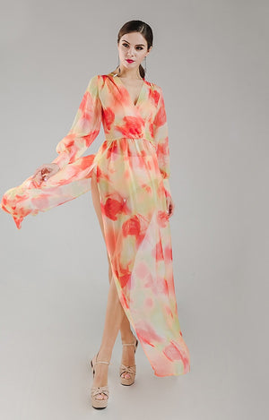 Women Dresses - Orange Chiffon Floral Maxi Dress