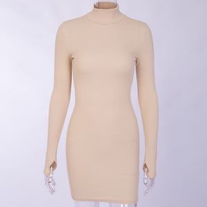 Turtleneck Long Sleeve Skinny Mini Dress Women Autumn New  Cotton Solid Elastic Dresses 4 Color Bodycon Casual Orange